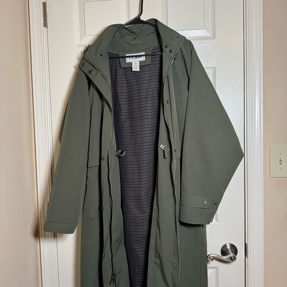 LL Bean Long Trench Coat Hooded Women’s Removable Wool Liner Army Green Lg - Picture 14 of 16